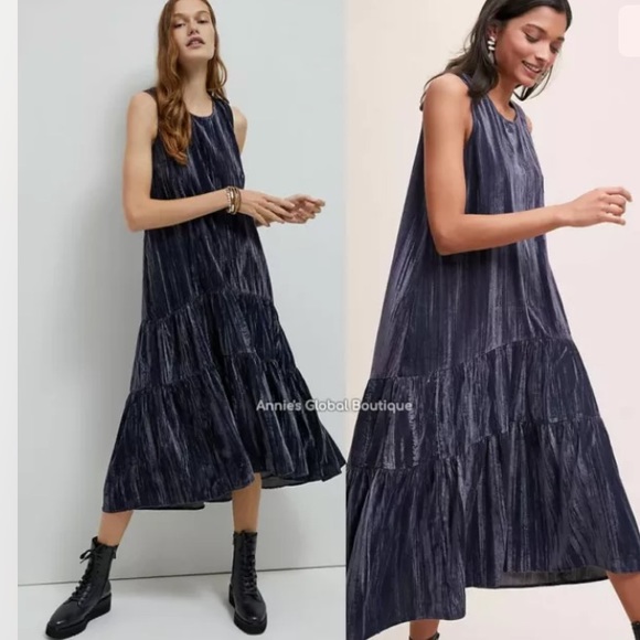 ANTHROPOLOGIE Addison Velvet Tiered Midi Dress 2 - Picture 4 of 12